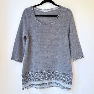 Easel Bohemian Top Small Gray Navy Floral Trim Cottage Core Tunic Casual
